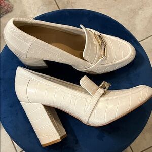 J Brand Cream Croc-Embossed Block Heel Loafers with Gold Buckle